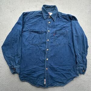 Vintage 90s 1997 Levis Denim Chambray Button Up Long Sleeve Shirt Medium Blue